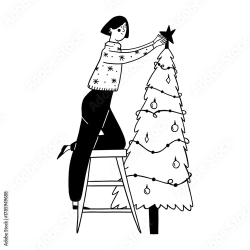 Woman on ladder decorating christmas tree with star vector illustration for holiday preparation. Festive person putting up ornament doodle line art monochrome winter event