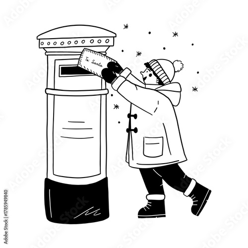 Kid sending letter to Santa postbox vector illustration for Christmas holiday tradition and winter event. Child boy mailbox snow doodle line art monochrome style wish list