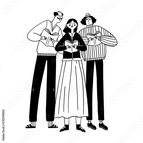 People singing Christmas carol while holding book vector illustration for holiday tradition and festive event. Group singers choir doodle line art monochrome winter music