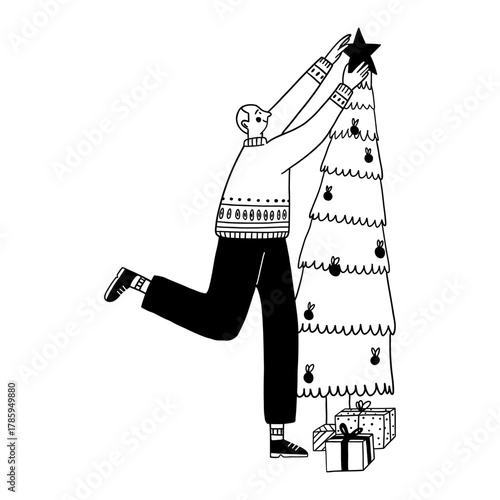 Person decorating Christmas tree putting star on top vector illustration for holiday preparation. Elderly man festive activity doodle line art monochrome style winter tradition