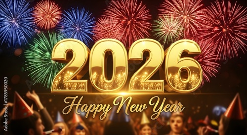 Golden 2026 numbers gleam amidst vibrant fireworks, celebrating a festive New Year's Eve with joyful partygoers.