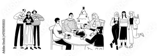 Set of people celebrating Christmas - carolers, friends at holiday dinner, girls posing for a photo vector illustration. Collection of seasonal celebration events, doodle line art monochrome style