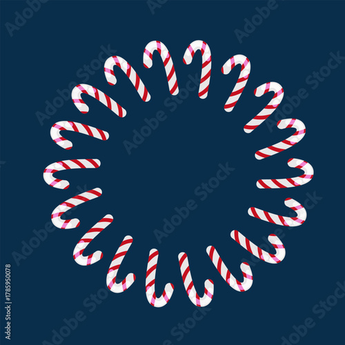 A round frame with Christmas candy canes on a blue background. The frame features cinnamon sticks and a white candy cane with red stripes. Perfect for Christmas cards, posters, and banners.