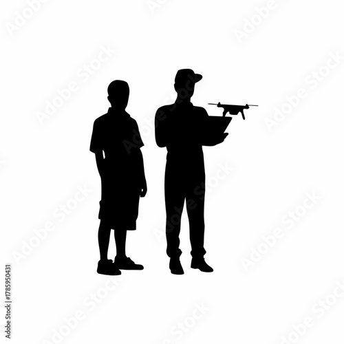 Farmer and drone operator reviewing precision farming data on a tablet silhouette isolated on white background