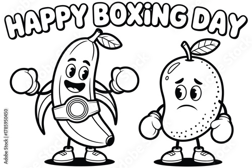 A boxing banana with a championship belt stands next to a sad mango.