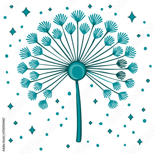 Dandelion Seed Head Illustration in Teal Color with Scattered Dots and Stars on White