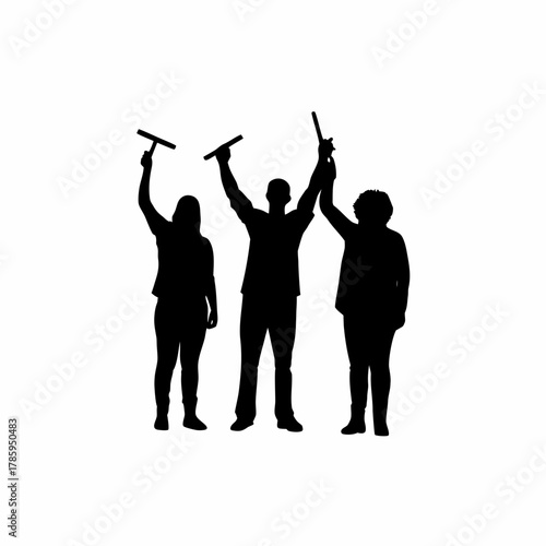 Ground control team celebrating successful satellite deployment silhouette isolated on white background