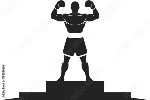 A silhouetted boxer stands triumphantly on a victory podium.