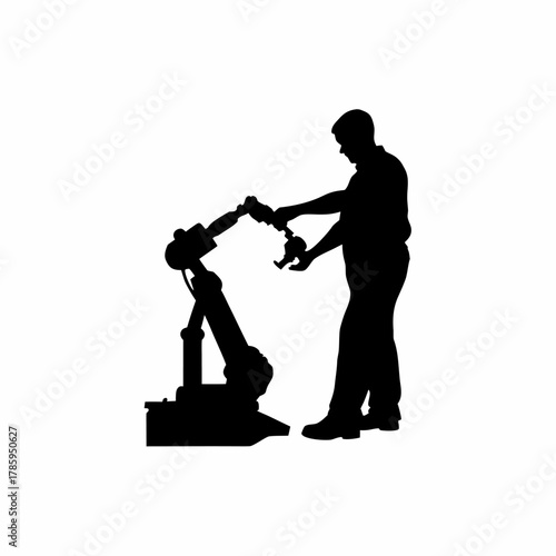 Robotics specialist testing assembly robot motion accuracy silhouette isolated on white background