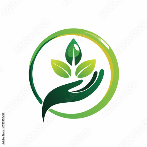 A logo design featuring stylized leaves within a gradient green circle