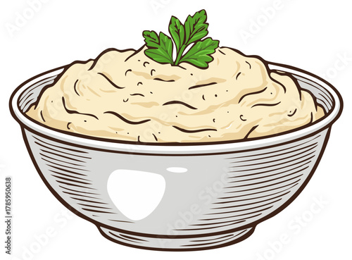 Creamy mashed potatoes in a serving bowl with fresh parsley garnish, hand-drawn illustration.