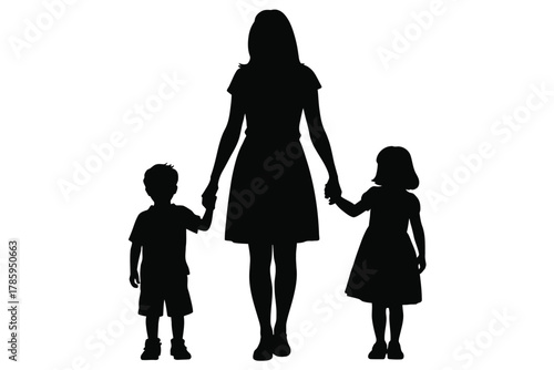 A mother holds hands with her two young children, representing family unity.