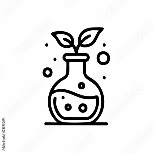 A simple, black-outlined illustration of a potted plant with bubbles