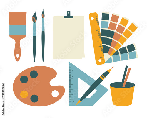 Creative tools and supplies are laid out for artistic endeavors.