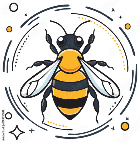 Stylized Honeybee Illustration with Decorative Elements in a Circular Frame