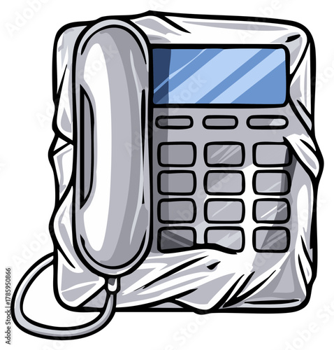 Gray telephone handset and base covered in protective plastic wrap illustration