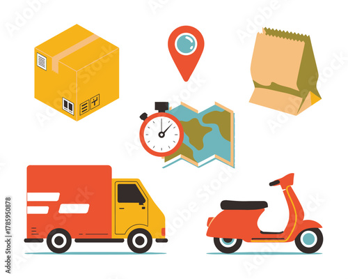 Delivery services concept with truck, scooter, package, and map