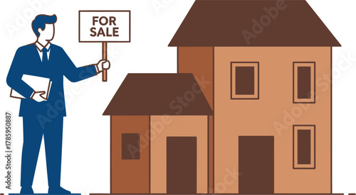 Real estate agent holding a for sale sign in front of a house concept for property, investment, and home buying