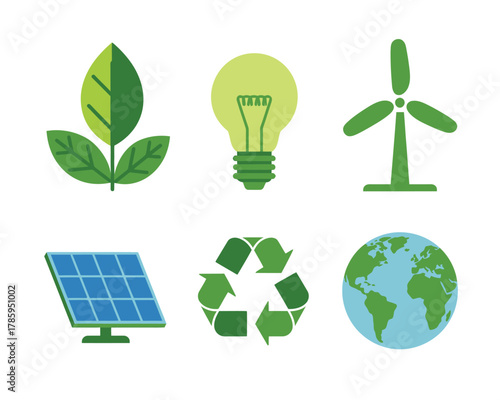 Icons representing environmentalism and renewable energy sources are displayed.