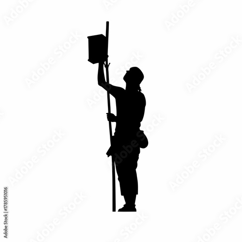 Silhouette of a worker adjusting a communication antenna during night shift isolated on white background