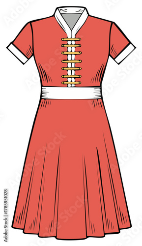 Red qipao dress with toggles and belt line, a style influenced by Chinese traditions and East Asia, cartoon style.