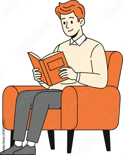 A young man is sitting comfortably in an armchair, deeply engrossed in reading a book, creating a serene and peaceful atmosphere