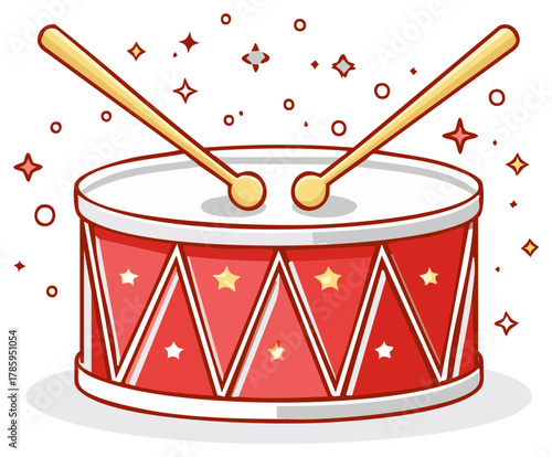 Festive Red Drum with Sticks Cartoon Style Illustration Musical Instrument Celebration Object