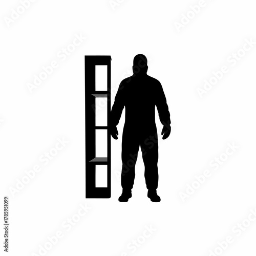 Silhouette of a worker checking temperature logs inside a cold storage facility isolated on white background