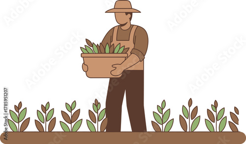 A farmer harvesting crops in a field, carrying a basket full of vegetables, wearing a hat and overalls