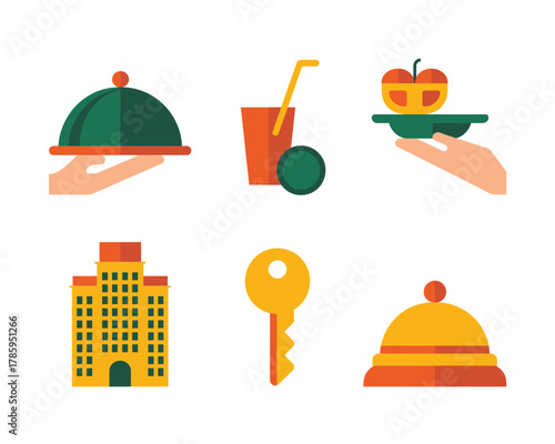 Icons representing hotel services like room service, drinks, and check-in.