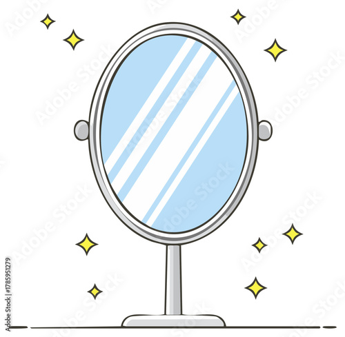 Silver Stand Mirror with Twinkling Stars, Oval Vanity Mirror Reflection, Elegant Home Decor, Beauty and Style, Cartoon Illustration