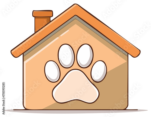 Dog friendly pet home illustration, animal shelter house graphic with paw print, cute architecture