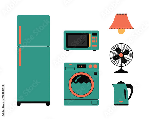 A collection of household appliances includes a refrigerator, microwave, washing machine, lamp, fan, and kettle.