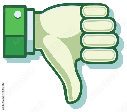 Cartoon hand with green sleeve showing thumbs down sign isolated