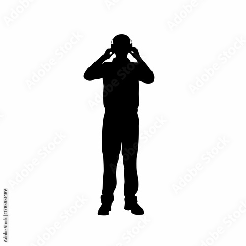 Silhouette of industrial inspector wearing ear protection isolated on white background