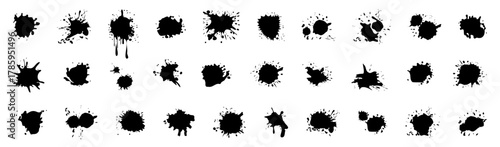 Liquid splashes ink texture. Set of paint splashes element. Splashing fluid stains. Black ink splatter, dirt stain spray splash texture. Black liquid splashes