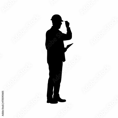 Silhouette of industrial inspector photographing unsafe condition for record isolated on white background