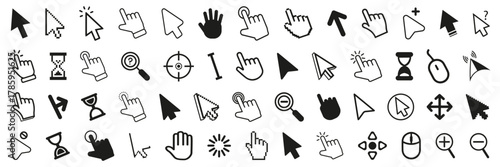 Click cursor icon collection. Set of computer mouse symbol. Arrow, hand, hourglass, mouse, zoom click icons. Computer mouse click cursor arrow and loading icons. Mouse click cursor symbol