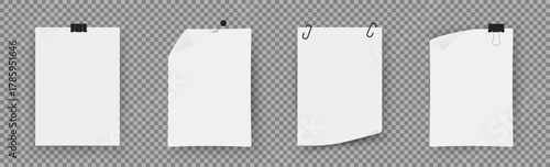 Realistic blank paper sheets with clips and pins on transparent background. Simple stationery elements for presentation mockups and office projects. Ideal for note, poster, or document templates