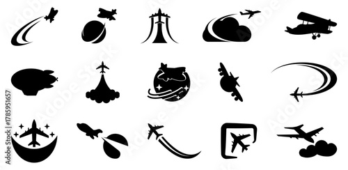 Airplane launch silhouette collection. Rocket and plane launch icon. Airplane icon take off