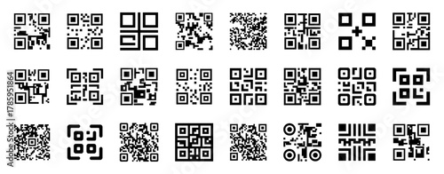 QR code icons in various geometric styles and layouts. Symbolic set representing technology, information access, and scanning systems