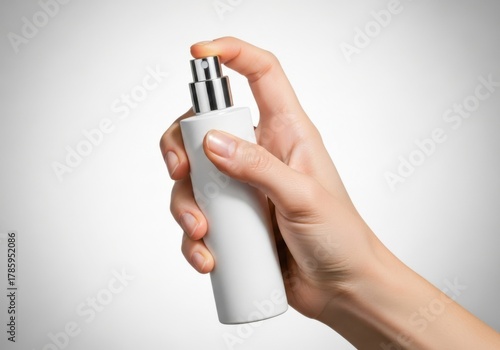 Close up of a hand holding a white spray bottle with a silver nozzle against a grey background