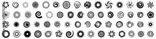 Spiral and swirl shapes collection in dynamic black silhouettes. Each symbol shows motion, rotation, and creative energy. Great for abstract design and hypnotic visual effects