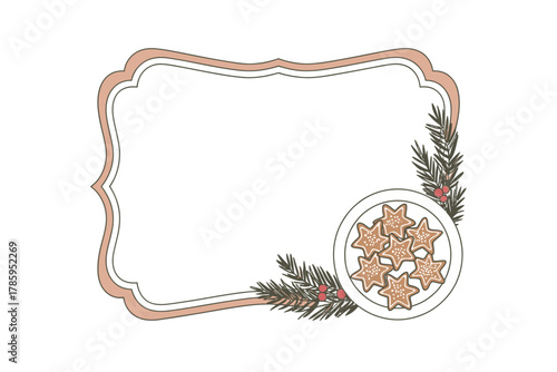 A decorative label with star-shaped cookies and festive greenery