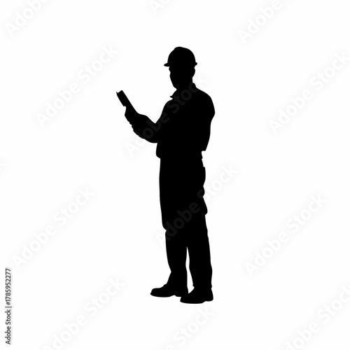 Silhouette of inspector measuring air quality inside factory isolated on white background