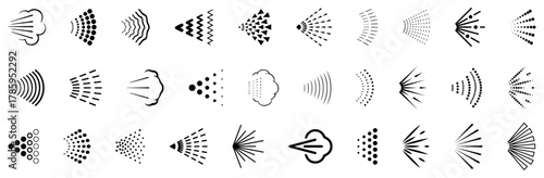 Spray icons collection. Set of aerosol steam icons in black. Perfume, paint, water, deodorant spray icon collection. Liquid or fluid spray cloud icons