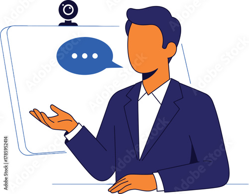 A businessman is presenting online, he is wearing a suit and tie in this vector illustration