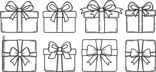 Collection of eight handdrawn gift boxes, perfect for adding a touch of festive charm to your designs