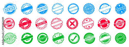 Approved and rejected stamp and medal. Green approved and red rejected icon with grunge. Approved, rejected, denied grunge stamp