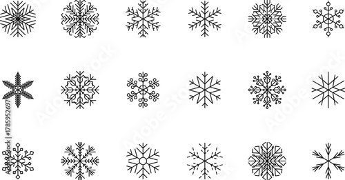 Snowflake snow freeze winter thin line outline icon. Snowflake icon. Keep frozen. Snowflake marking. Keep below zero. Air conditioner. Snowflakes thin line icon set. Vector PNG or Jpeg